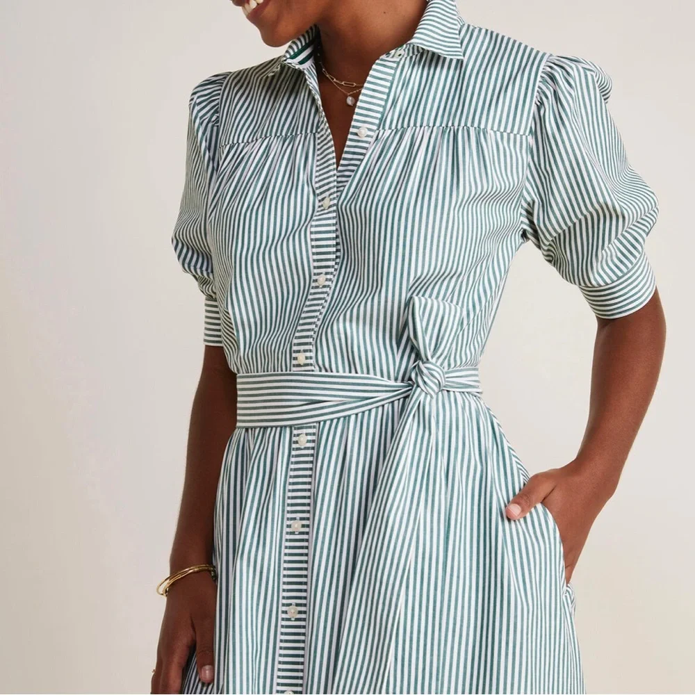 NWT👗 Puff Sleeve Midi Shirtdress👗Green & White Vertical Stripes - Picture 5 of 7